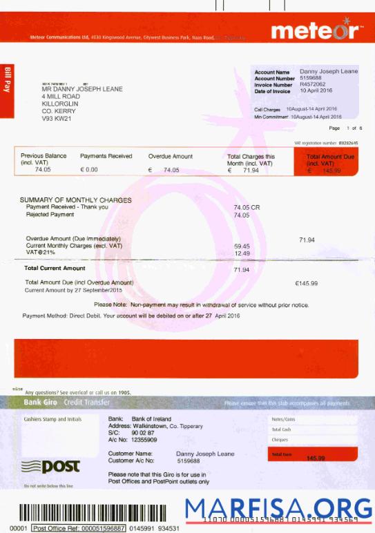 Blank Ireland Meteor utility bill template fully editable in PSD format